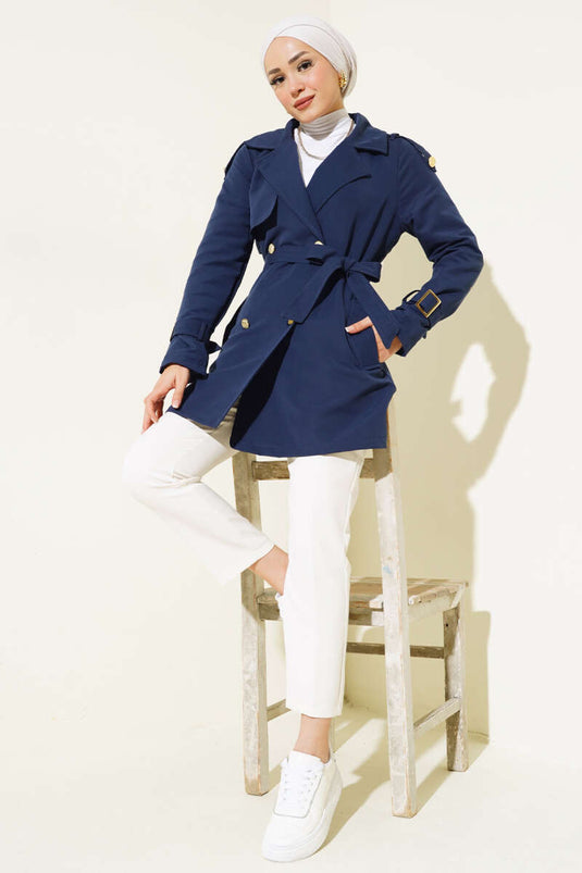 Shoulder Epaulette Short Trench Coat Navy Blue