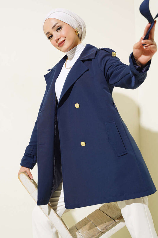 Shoulder Epaulette Short Trench Coat Navy Blue