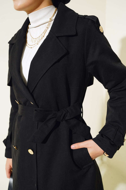 Omuz Apoletli Kısa Trençkot Siyah