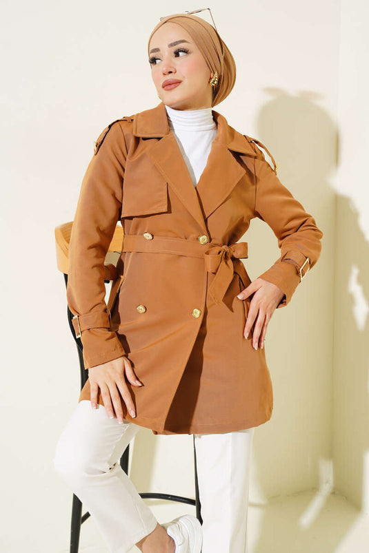 Shoulder Epaulette Short Trench Coat Tan