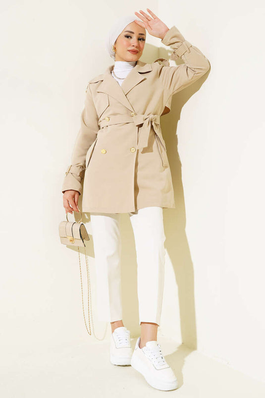 Shoulder Epaulette Short Trench Coat Stone