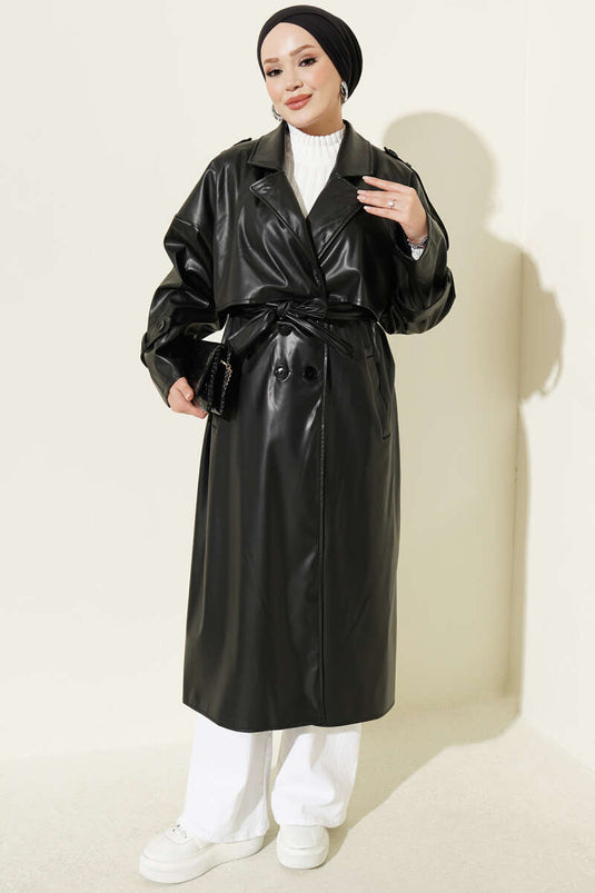 Schouder Epaulet Wrap Lederen Trenchcoat Zwart