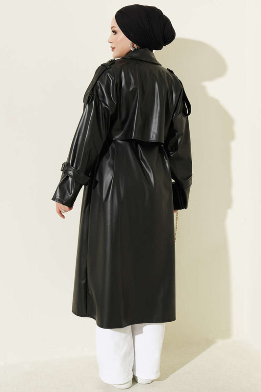 Schouder Epaulet Wrap Lederen Trenchcoat Zwart