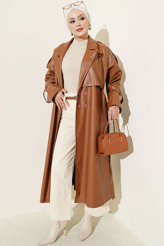 Trench En Cuir À Épaulettes Et Fermeture Croisée Couleur Tabac