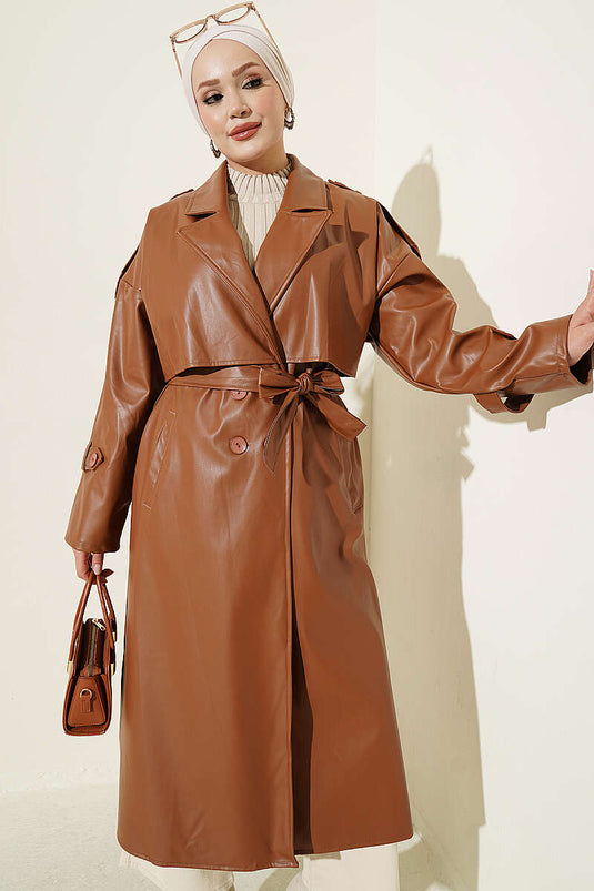 Trench En Cuir À Épaulettes Et Fermeture Croisée Couleur Tabac