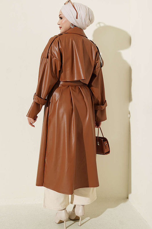 Trench En Cuir À Épaulettes Et Fermeture Croisée Couleur Tabac