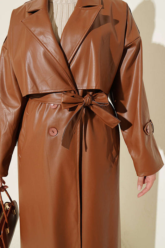 Trench En Cuir À Épaulettes Et Fermeture Croisée Couleur Tabac