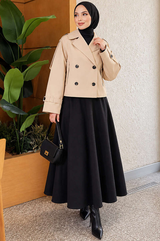 Omuz Apoletli Kuşaklı Kısa Trençkot Bej