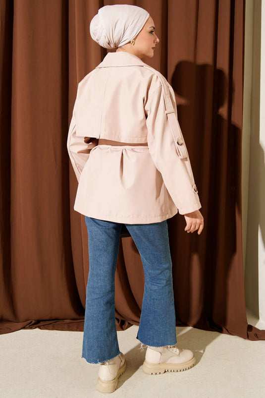 معطف ترنش بحزام مع كتاف، بيج