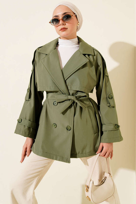 Trenchcoat met ceintuur en schouderepauletten, kaki