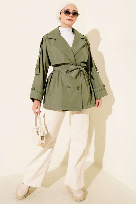 معطف ترنش بحزام مع كتافتين باللون الكاكي