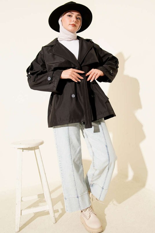 معطف ترنش بحزام مع كتاف سوداء