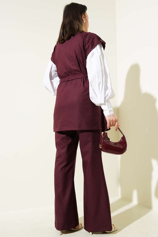 Double-breasted Suit with Shoulder Epaulets and Belted Vest, Claret Red