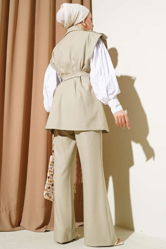 Shoulder Epaulette Belted Vest Two Piece Suit Stone