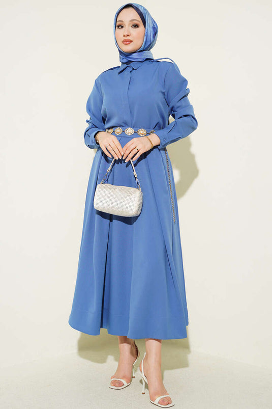 Two-Piece Set with Shoulder Epaulets and Pleated Skirt Blue