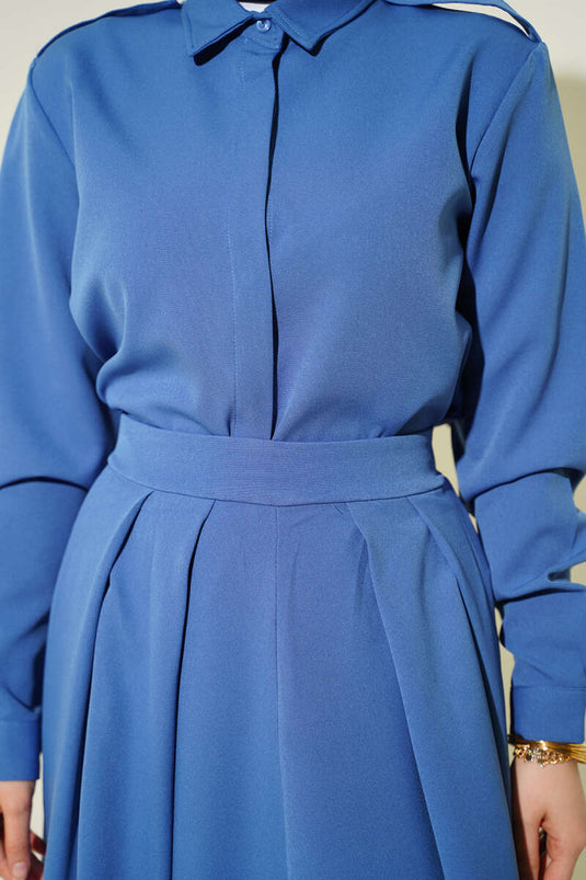 Two-Piece Set with Shoulder Epaulets and Pleated Skirt Blue