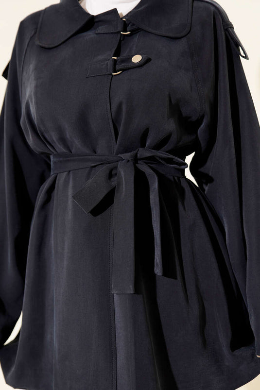 Tencel Trench Coat with Shoulder Epaulets Navy Blue
