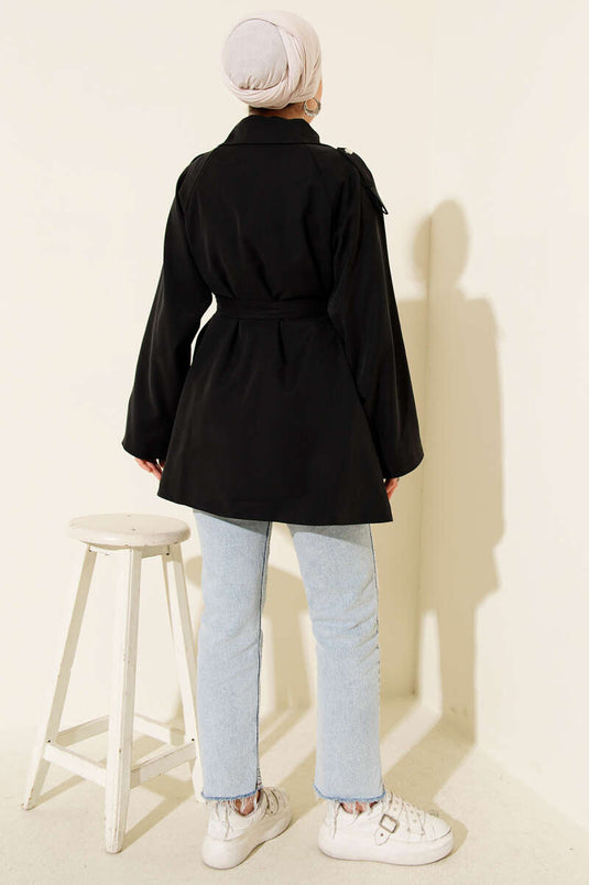 Trench-coat Tencel noir avec épaulettes