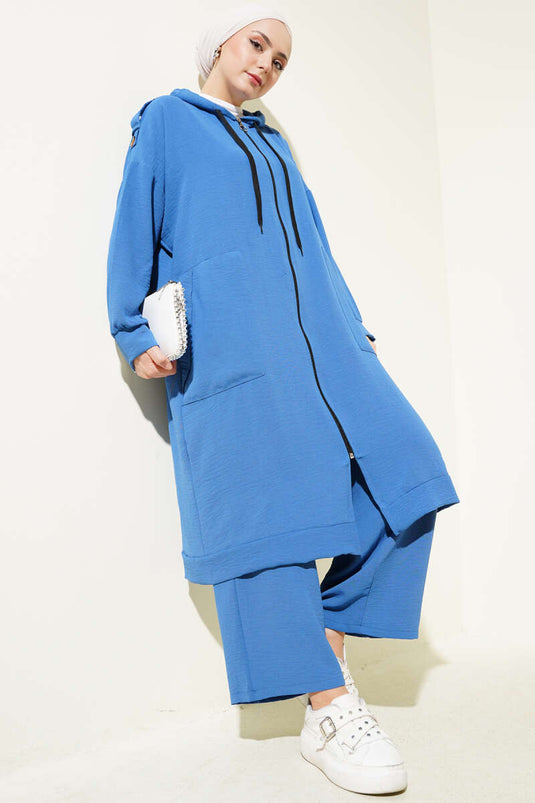 Costume double Ayrobin avec épaulettes et long cardigan indigo