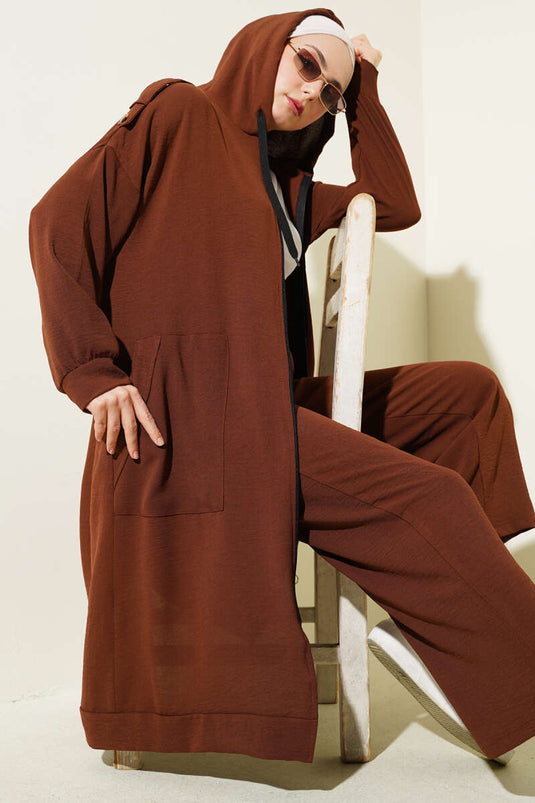 Cardigan long à épaulettes et costume deux pièces Ayrobin marron