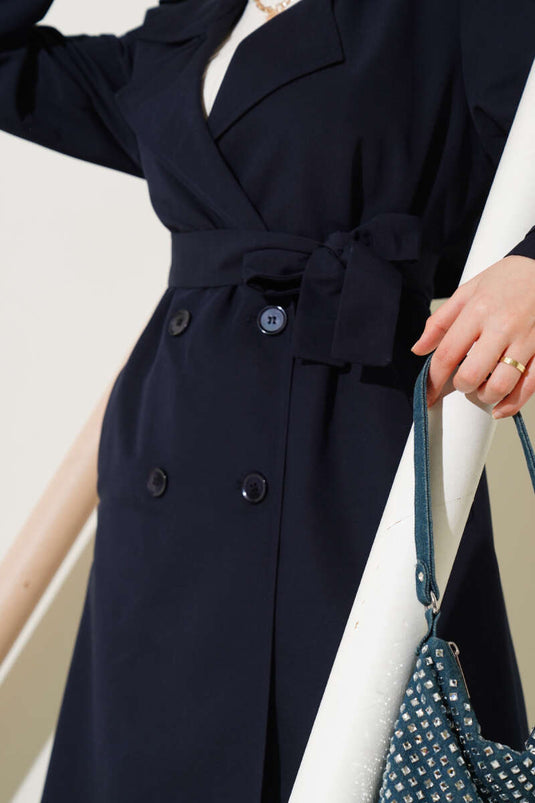 Shoulder Epaulette Slit Detailed Trench Coat Navy Blue