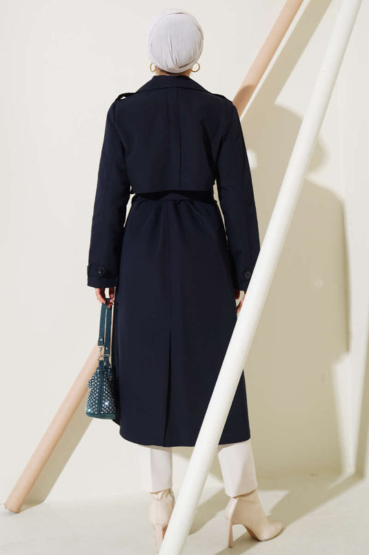 Shoulder Epaulette Slit Detailed Trench Coat Navy Blue