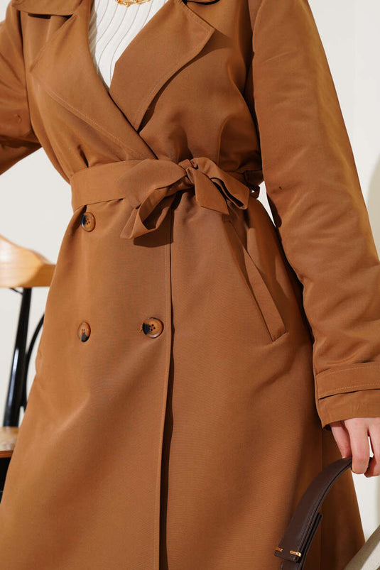 Shoulder Epaulette Slit Detailed Trench Coat Tan