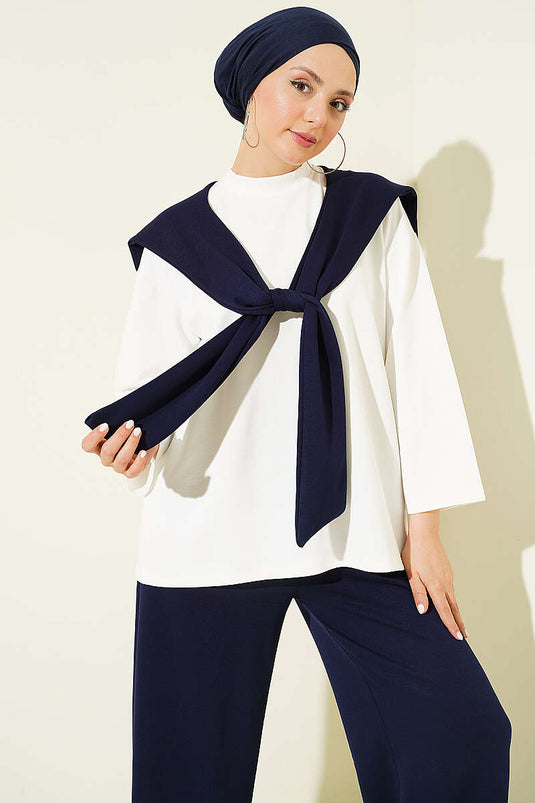 Ensemble basique deux pièces avec écharpe d'épaule bleu marine