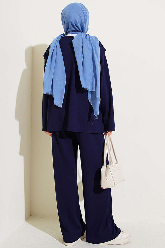 Ensemble double Loyşa avec écharpe à épaulettes bleu marine