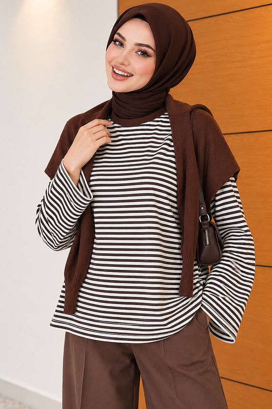 Blouse À Rayures Horizontales Et Épaules En Marron