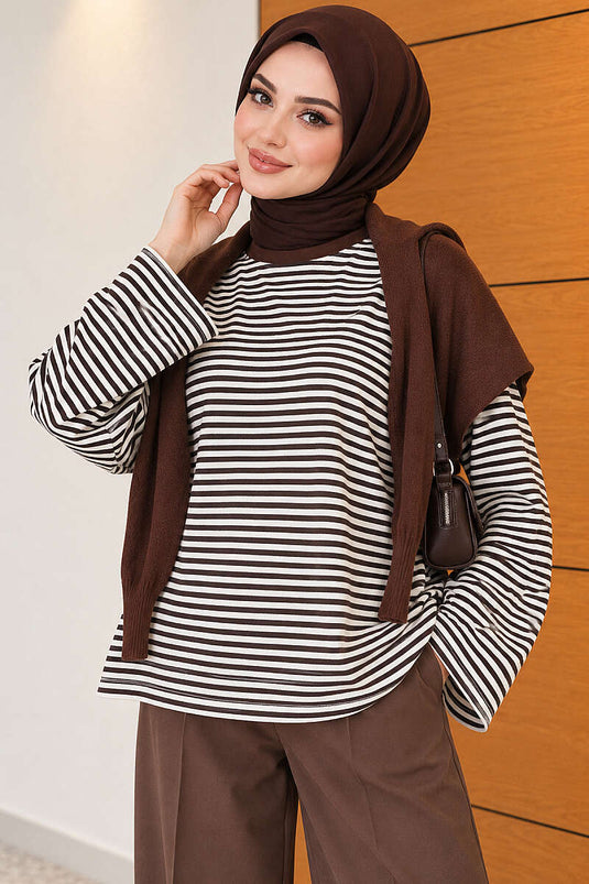 Blouse À Rayures Horizontales Et Épaules En Marron