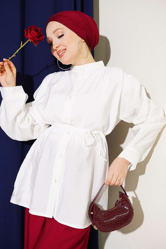 White Shirt With Shoulder Gather Detail And Tie Belt
