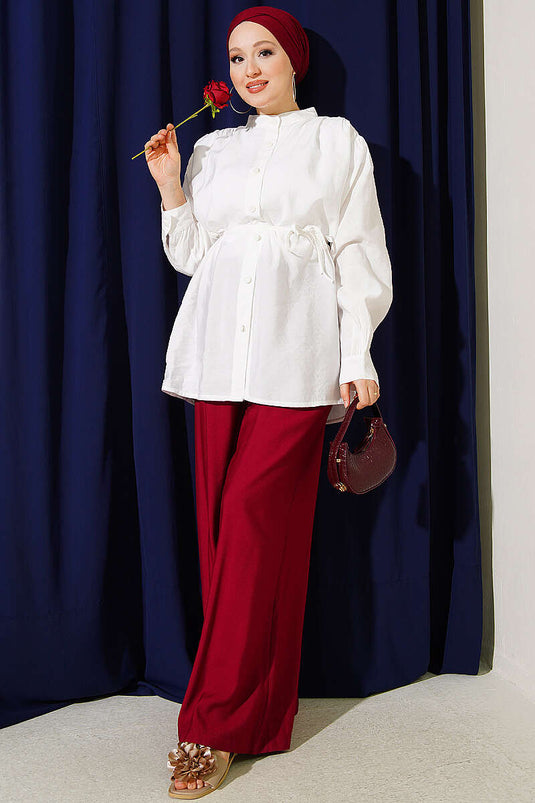 White Shirt With Shoulder Gather Detail And Tie Belt
