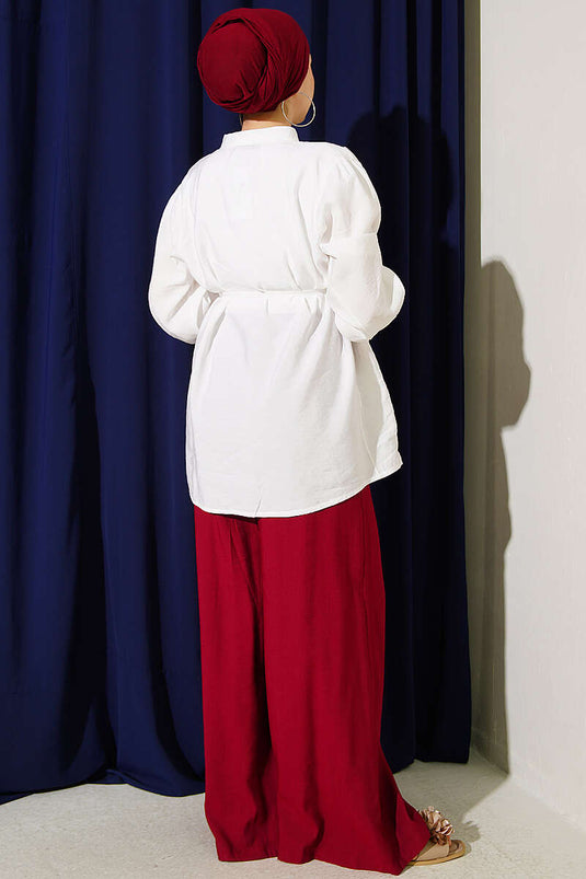 White Shirt With Shoulder Gather Detail And Tie Belt
