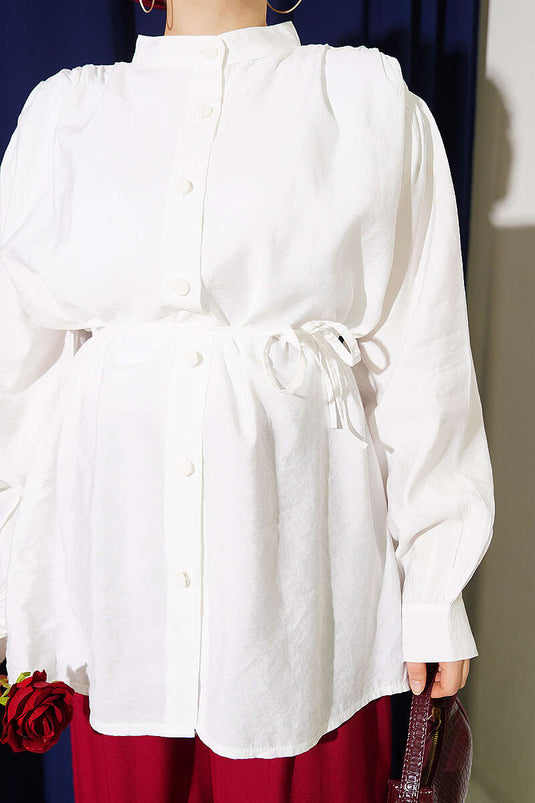 White Shirt With Shoulder Gather Detail And Tie Belt