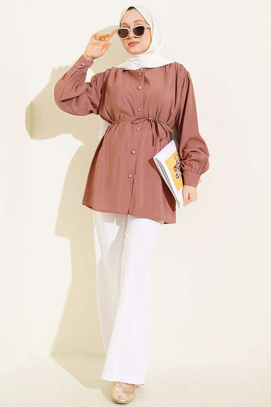 Chemise Rose Pivoine À Épaules Froncées Et Ceinture À Nœud