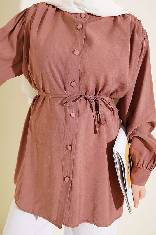 Chemise Rose Pivoine À Épaules Froncées Et Ceinture À Nœud