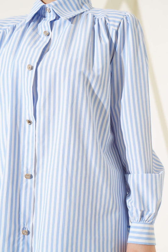 Chemise rayée à épaules froncées bleu glacier