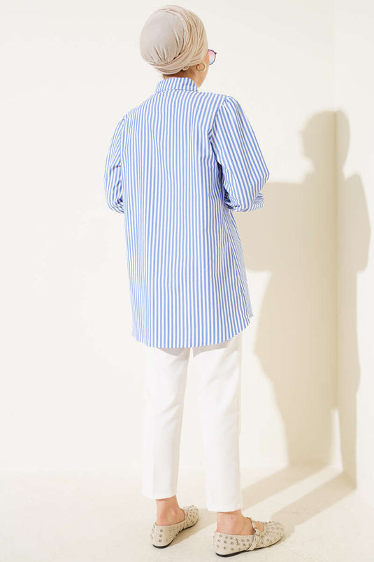 Chemise rayée à épaules froncées bleue