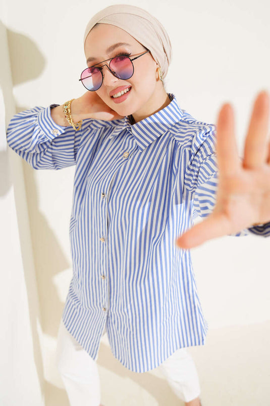 Chemise rayée à épaules froncées bleue