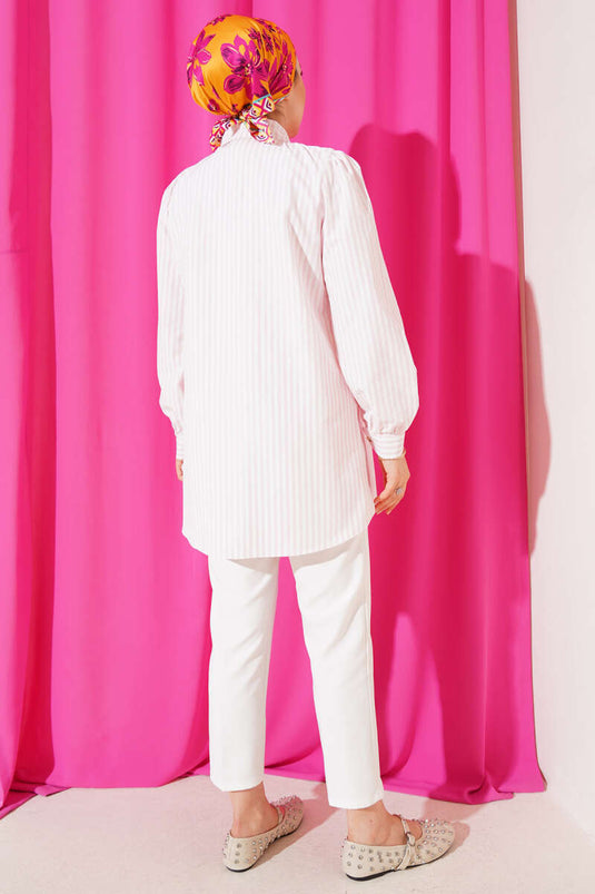 Chemise rayée à épaules froncées rose