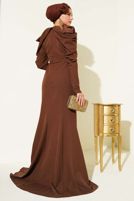 Shoulder Pleated Double Breasted Evening Dress Brown