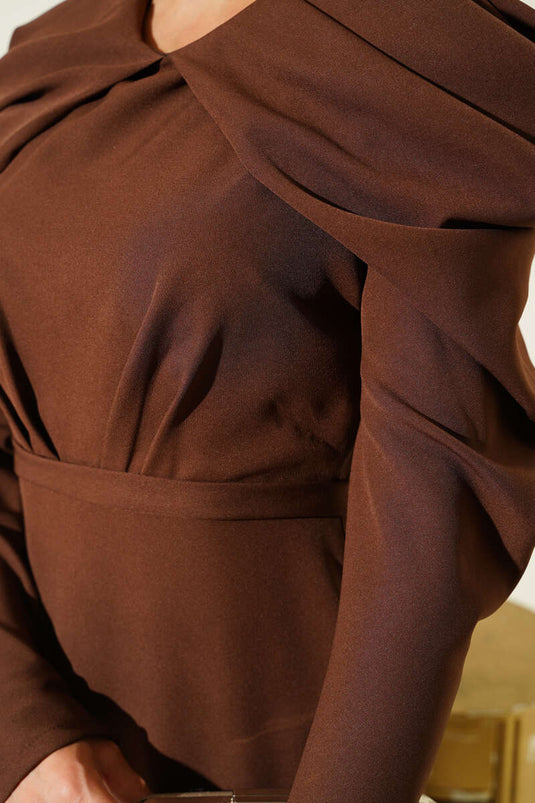 Shoulder Pleated Double Breasted Evening Dress Brown