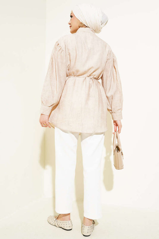 Shoulder Gathered Rope Belted Shirt Beige