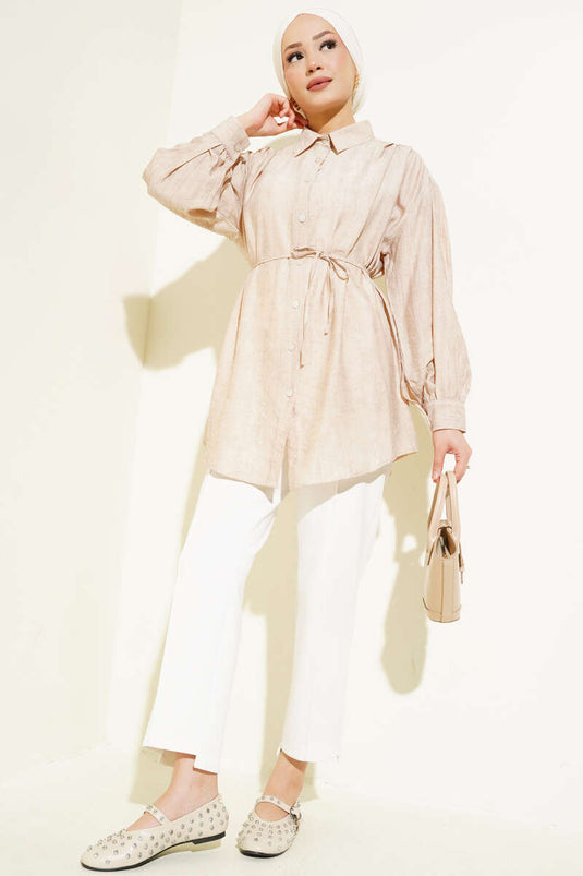 Shoulder Gathered Rope Belted Shirt Beige