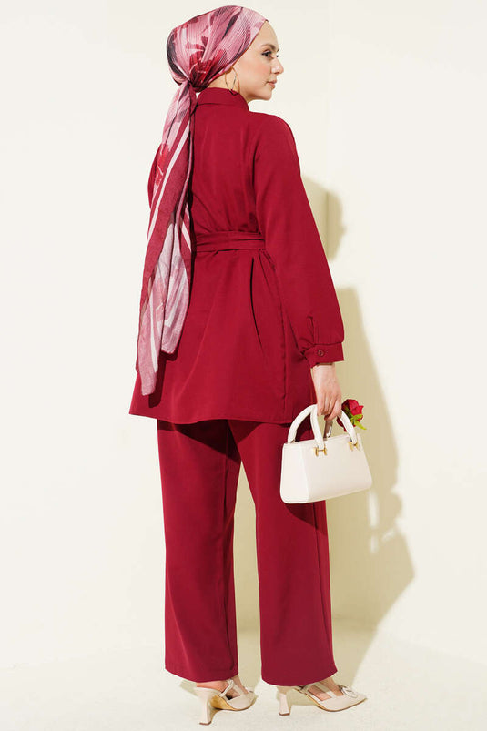 Double Set with Shoulder Ruching and Belt, Burgundy