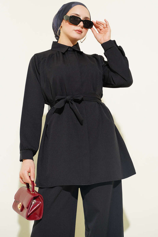 Double Set with Shoulder Ruching and Belt Black