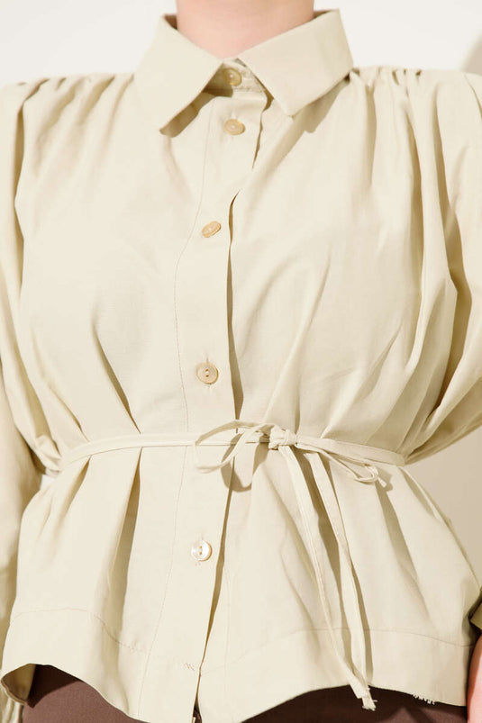 Shoulder Ruched Belted Short Shirt Olive Green