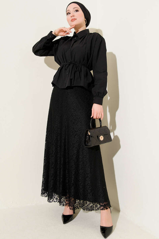 Shoulder Ruched Belted Short Shirt Black