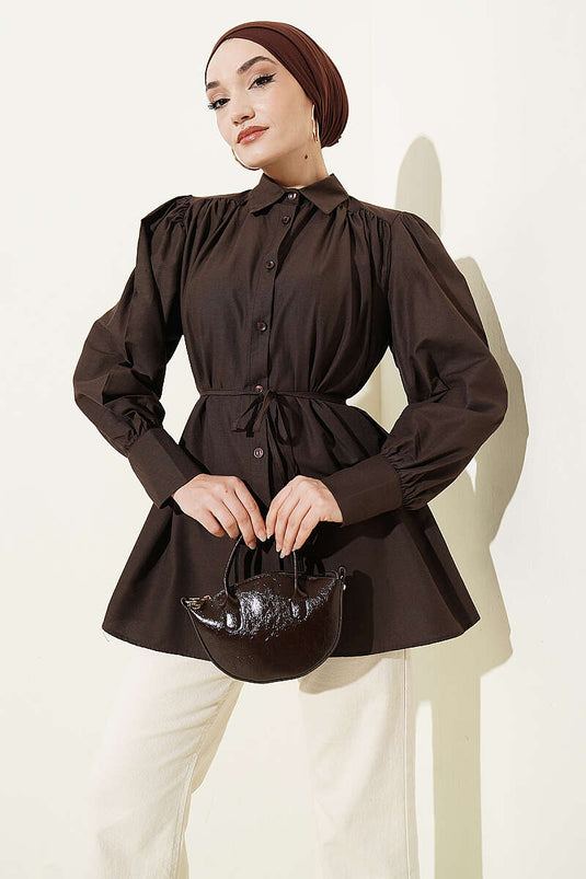 Camicia in popeline con coulisse e cintura, marrone scuro